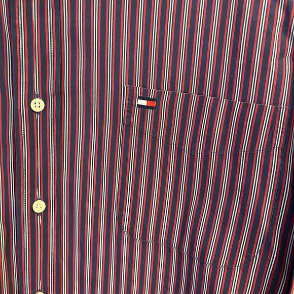 Vintage Tommy Hilfiger Shirt Mens XL 90s Button Down Navy Red Vertical Stripe - Picture 4 of 12